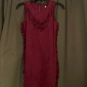Red faux suede fringe dress